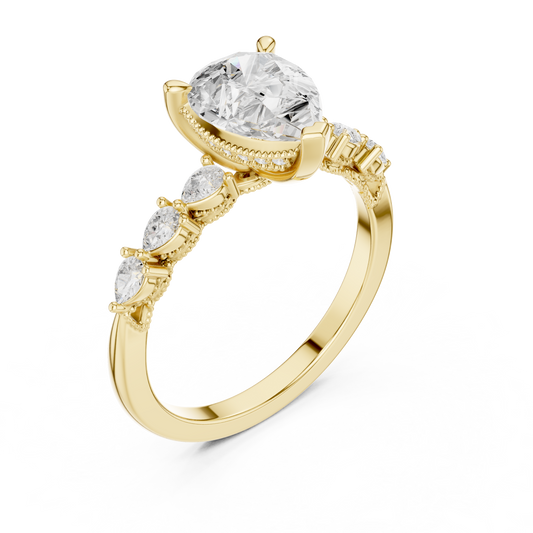 Pear Cut Hidden Halo With Side Stone Moissanite Diamond Engagement Ring - View 2
