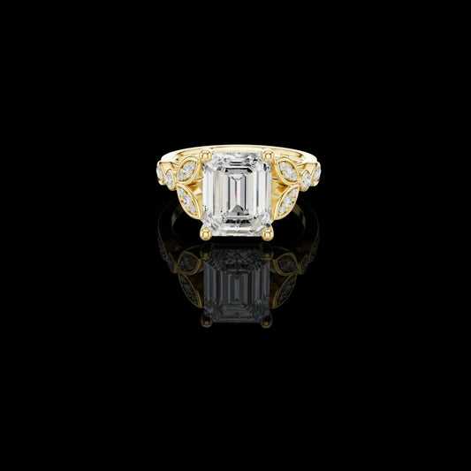 Emerald Cut Lab Diamond Vintage Halo Engagement Ring With Sculpted Band