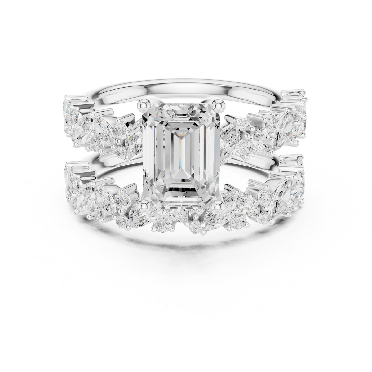 Emerald Cut Lab Grown Diamond Women's Marquise Cluster Bridal Ring Set - View 3