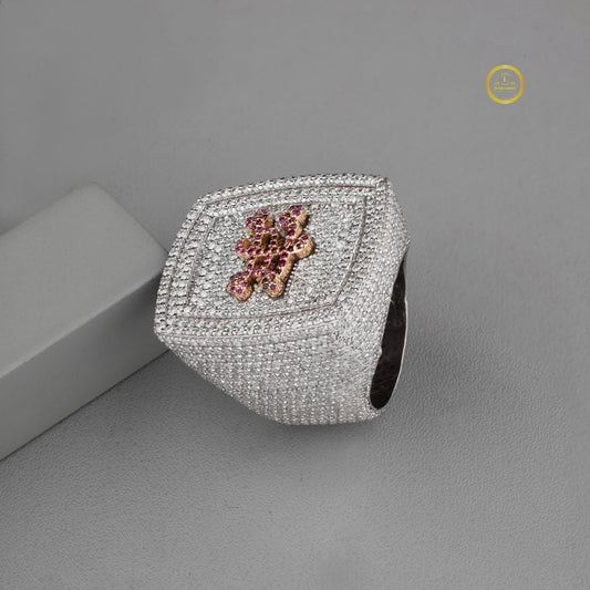 2.70 TCW Exquisite Round Lab Diamond Statement Ring Featuring Pave Diamonds & Vibrant Pink Floral as a Centerpiece