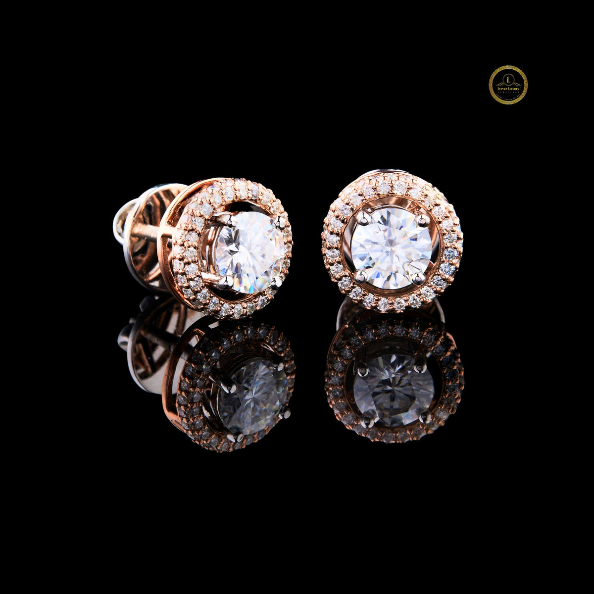 Luxury Double Halo Rose Gold Moissanite Stud Earrings with Round Brilliant Cut Center Stones - View 3