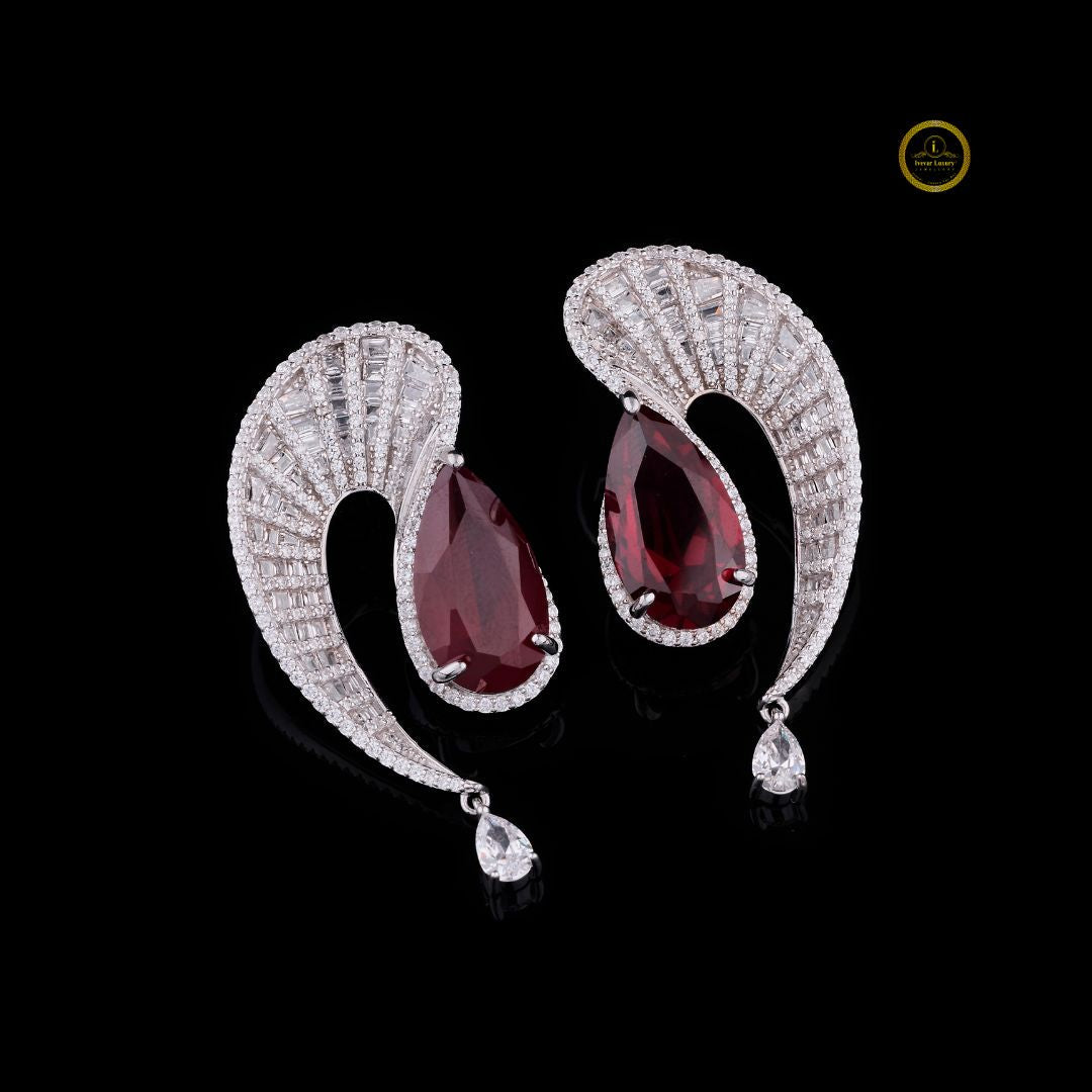 Swirl Red Gemstone Pear Drop Earrings with Pavé Moissanite Diamond Accents - View 3