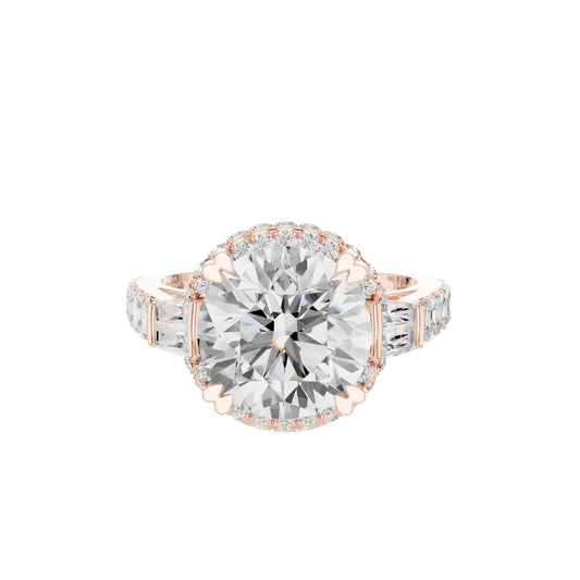 Halo Round Cut Moissanite Diamond Engagement Ring With Tapered Baguette Side Stones - View 2