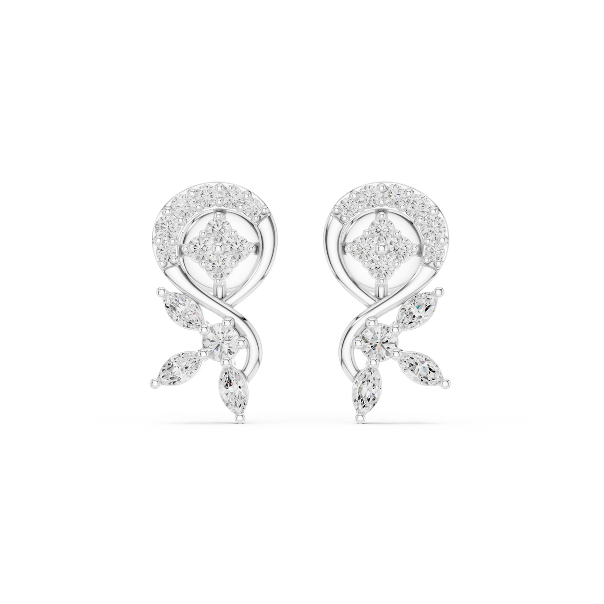Floral Vine Moissanite Diamond Marquise & Round Stone Drop Stud Earrings - View 3