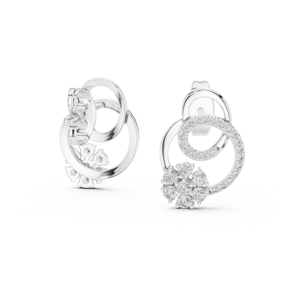 Cluster Swirl Circle Moissanite Round Diamond Stud Earrings with Pave Halo Ring - View 9