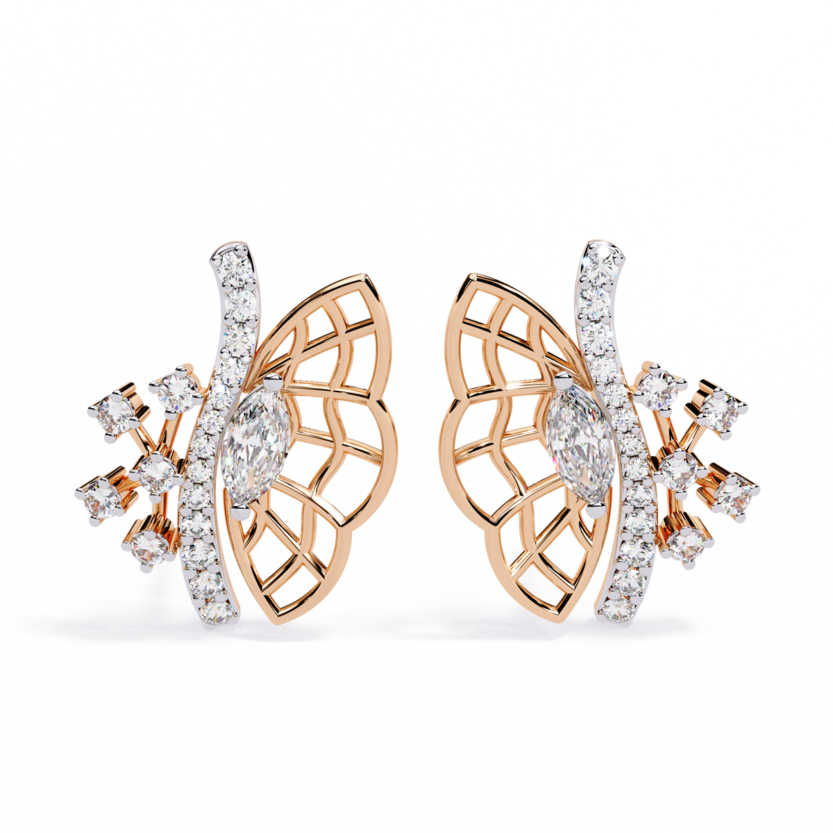 Butterfly Grace Lab Diamond Marquise Cut Stud Earrings with Round Side Stones - View 2