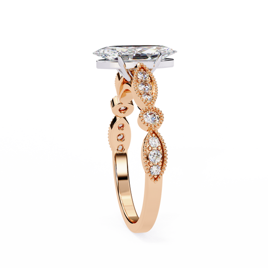 Vintage Marquise Lab Diamond Engagement Ring With Milgrain Band - View 2