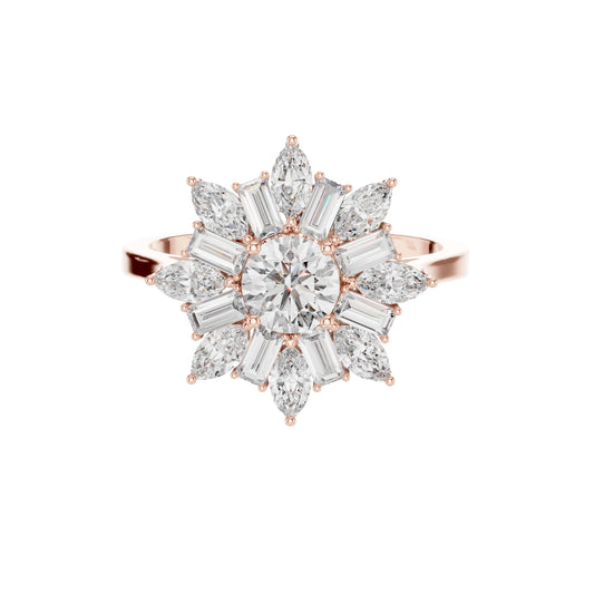 Baguette and Marquise Moissanite Diamond Flower Ring - View 2