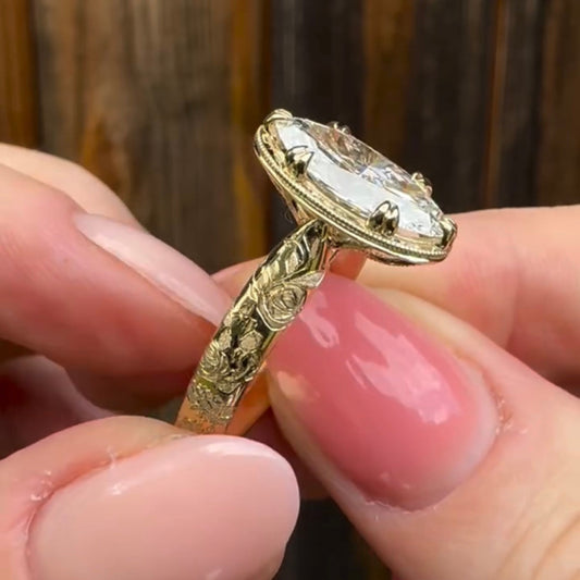 Vintage Bezel Set Oval Cut Lab Diamond Ring With Double Crown Prong - View 2