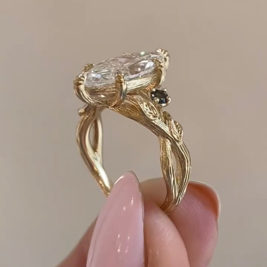 Marquise Cut Lab Diamond Leaf Vine Engagement Ring With Black Accents - View 2