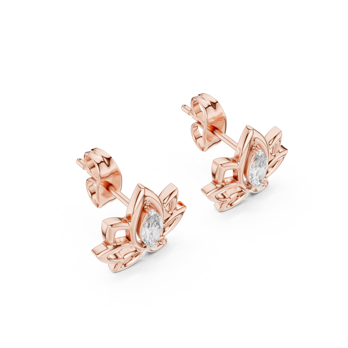 Lotus Flower Marquise Cut Lab Diamond Open Petal Stud Earrings - View 5
