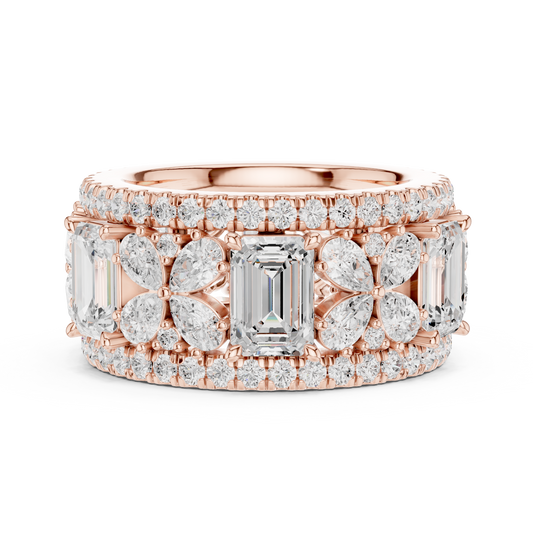 Floral Wide Emerald & Pear Cut Moissanite Diamond Eternity Wedding Band - View 2