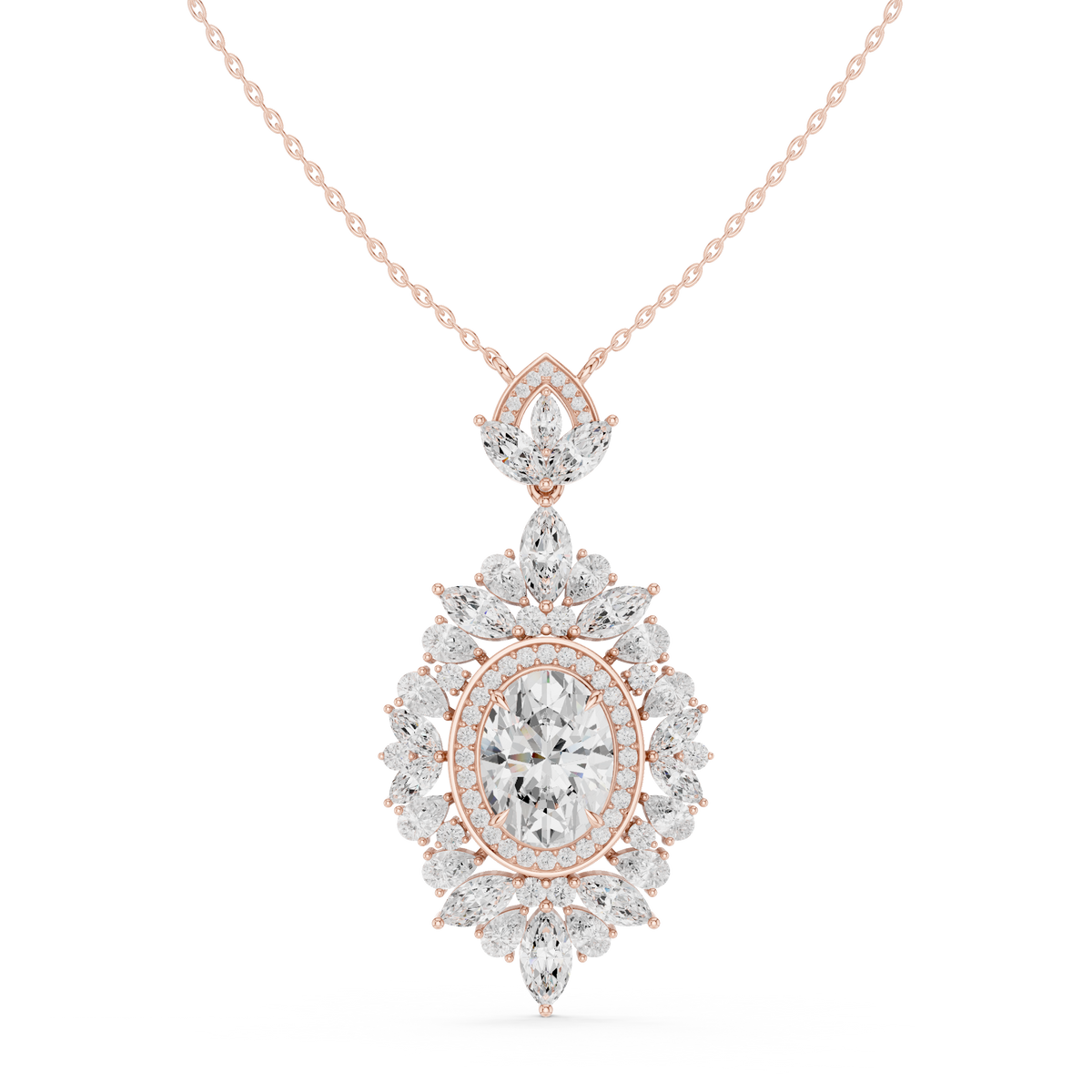 Intricate Oval Moissanite Diamond Marquise Sunburst Halo Pendant - View 2