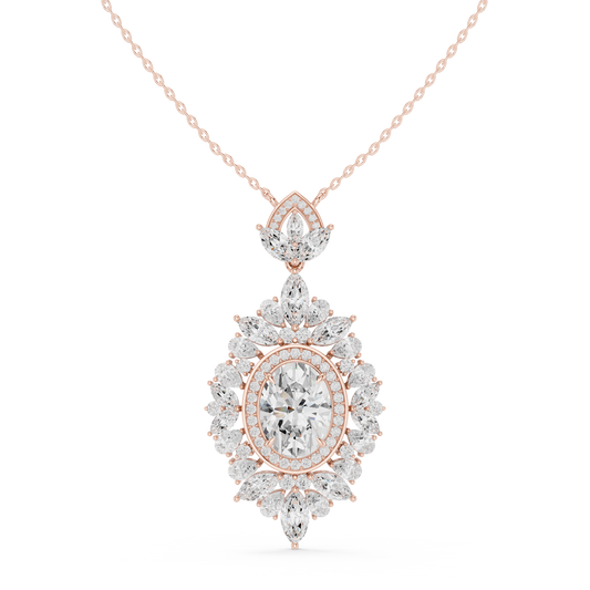 Intricate Oval Moissanite Diamond Marquise Sunburst Halo Pendant - View 2