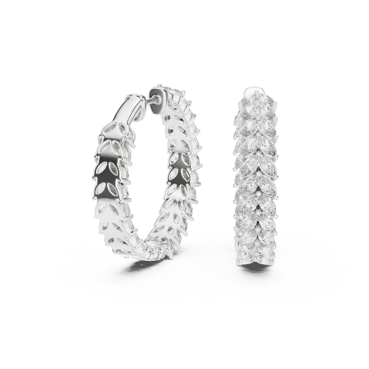 Vine Pattern Marquise Cut Lab Diamond Hoop Earrings Inside Out Leaf Design - View 6