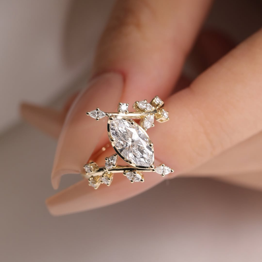 Marquise Moissanite Diamond Bypass Ring with Branch Inspired Accent