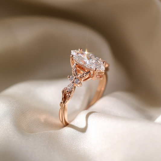 Marquise Lab Diamond Engagement Ring With Floral Inspired Accent - View 2