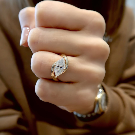 Marquise Cut Bypass Half Bezel Lab Diamond Ring - View 2