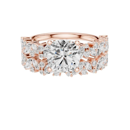 Floral Halo Cushion Cut Moissanite Diamond Ring With Wedding Eternity Band - View 2