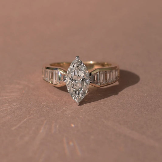 Marquise Cut Lab Diamond Engagement Ring With Channel Set Baguette Band