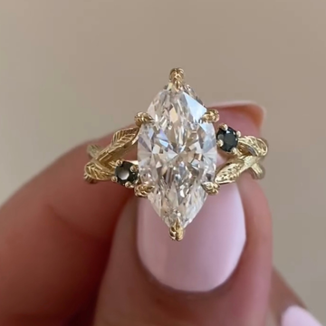 Marquise Cut Moissanite Diamond Leaf Vine Engagement Ring With Black Accents