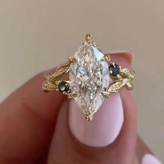 Marquise Cut Lab Diamond Leaf Vine Engagement Ring With Black Accents