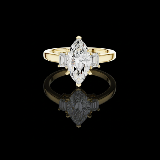 Marquise Engagement Three Stone Ring with Lab Diamond Emerald Side Stone