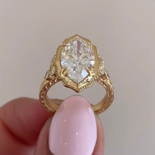 Vintage Marquise Cut Lab Diamond With Side Stone Engagement Ring - View 2