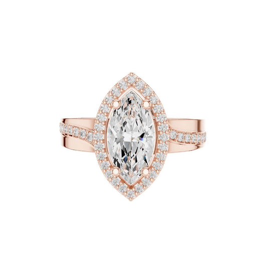 Marquise Cut Diamond Halo Ring Moissanite Diamond with Split Shank - View 2
