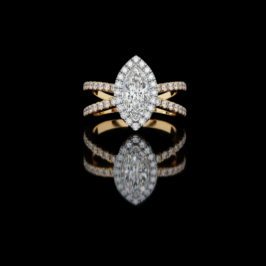 Marquise Halo Moissanite Diamond Ring with Split Double Band