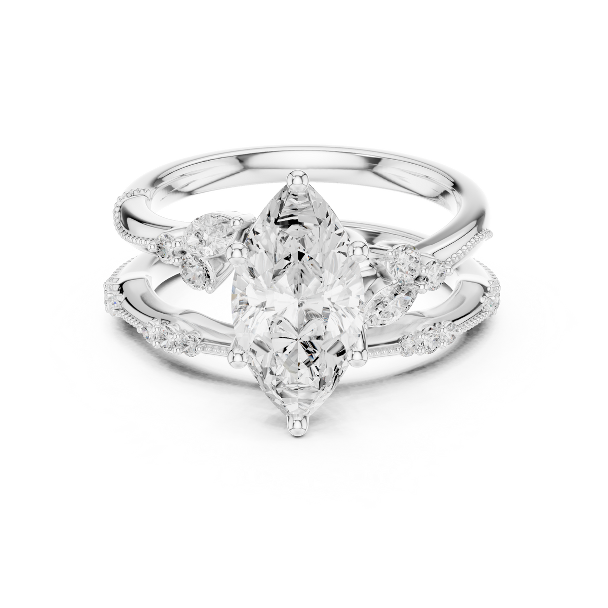 Marquise Cut Lab Diamond Women's Vintage Cluster Bridal Ring Set - View 3