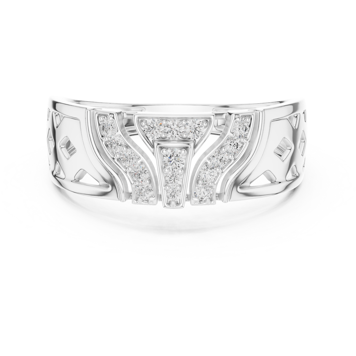 Round Cut Lab Grown Diamond Men's T Shield Pave Openwork Gold Ring - View 3