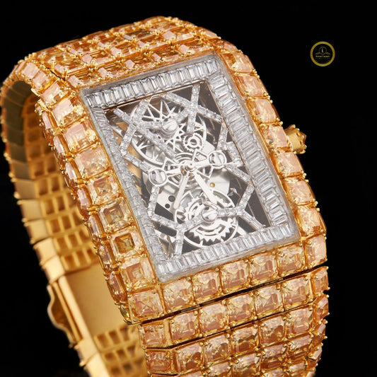 Imperial Majesty Full Gold Moissanite Diamond Luxury Watch with Baguette and Princess Cut Stones