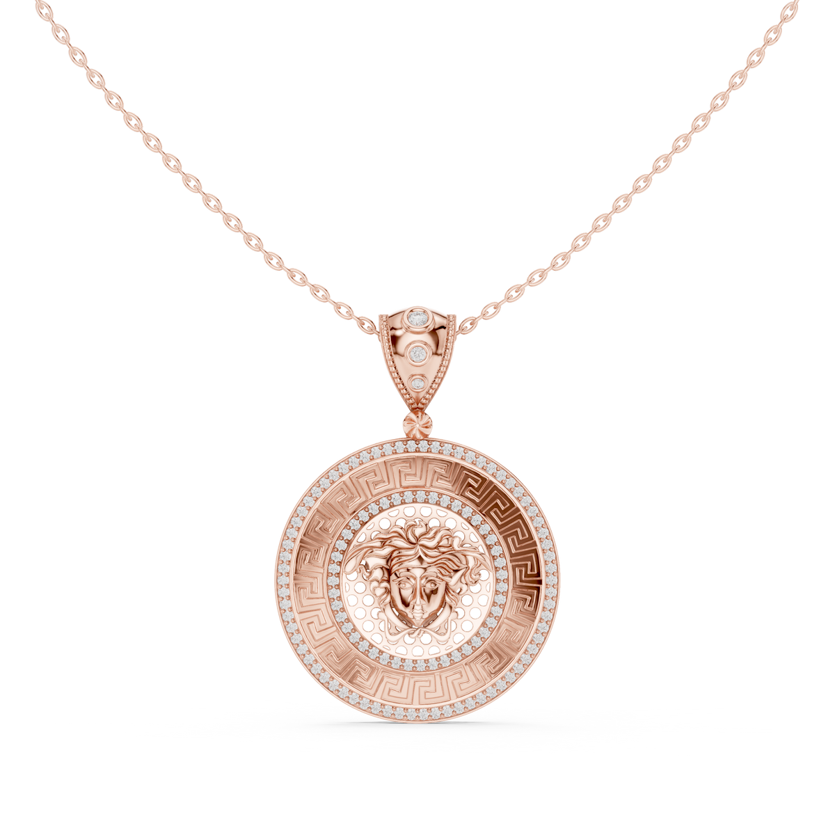 Greek Key Pattern Border Statement Pendant with Round Moissanite Diamond - View 2