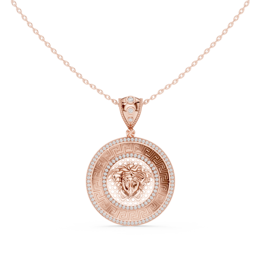 Greek Key Pattern Border Statement Pendant with Round Moissanite Diamond - View 2