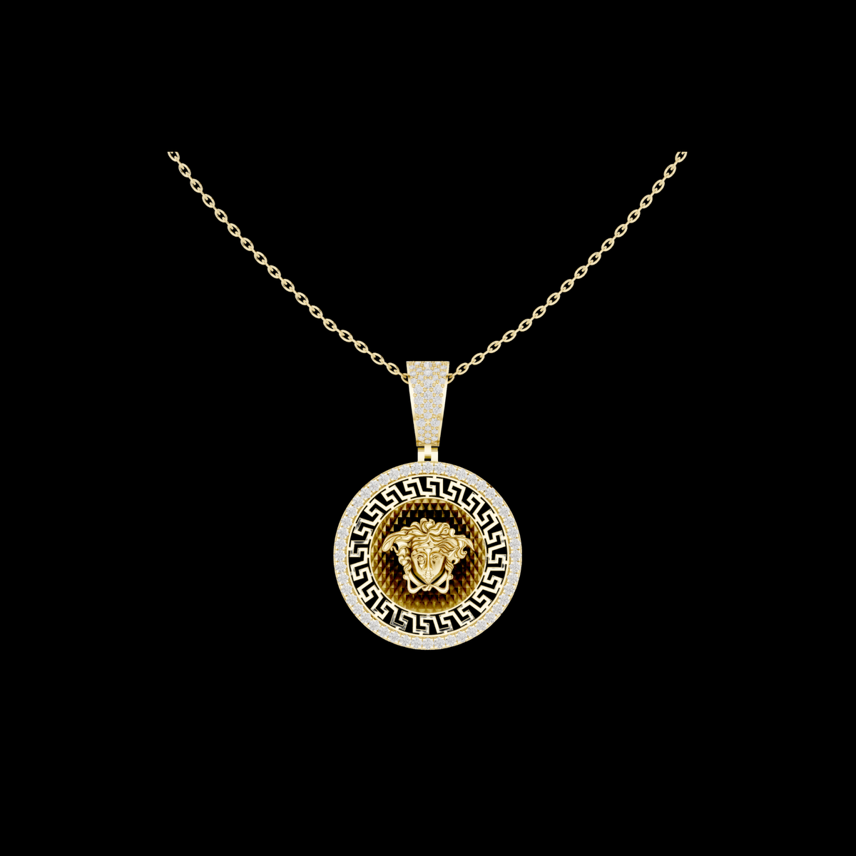 Greek Key Pattern Statement Charm Featuring Round Moissanite Diamond