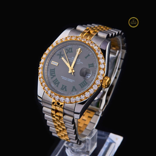 Luxury Two-Tone Moissanite Diamond Set Timepiece Featuring Black Dial, Gold Accents, and Brilliant Bezel