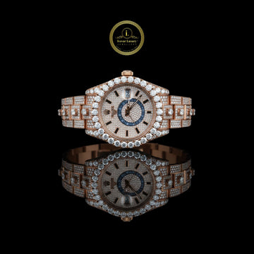 Sophisticated Rose Gold Fully Iced-Out Lab Diamond Luxury Watch with Blue Accent Dial and Date Display