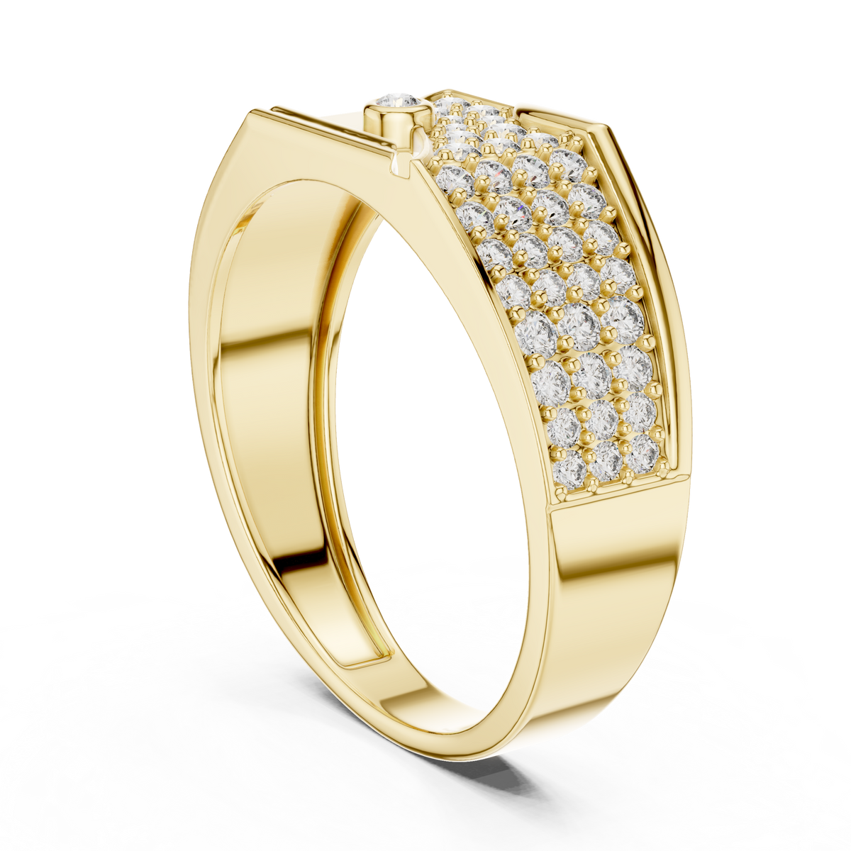 Round Cut Moissanite Diamond Men's Asymmetric Curved Pave Gold Signet Ring - View 7