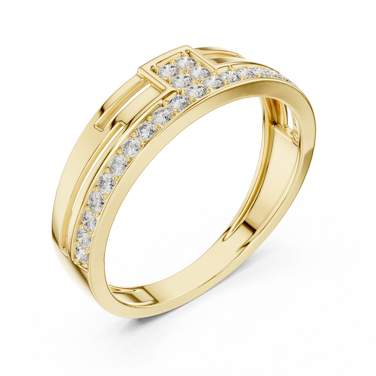 Round Cut Lab Grown Diamond Men's Square Cluster Pave Border Gold Band - View 4