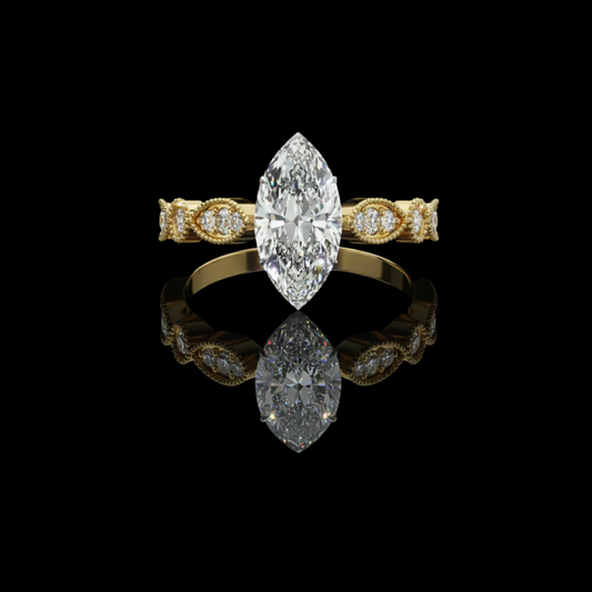 Vintage Marquise Lab Diamond Engagement Ring With Milgrain Band