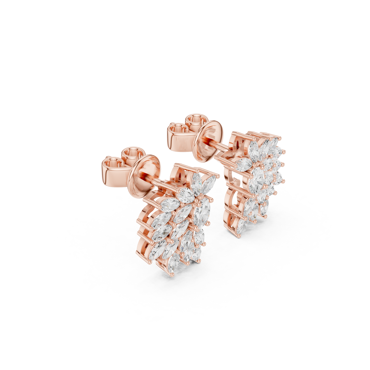 Floral Marquise Cut Lab Diamond Cluster Stud Earrings with Leaf Inspired Design - View 5