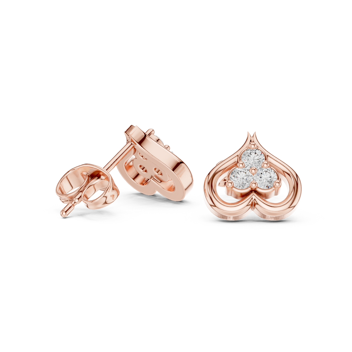 Clover Motif Round Lab Diamond Earrings Three Stone Open Loop Heart Studs - View 8