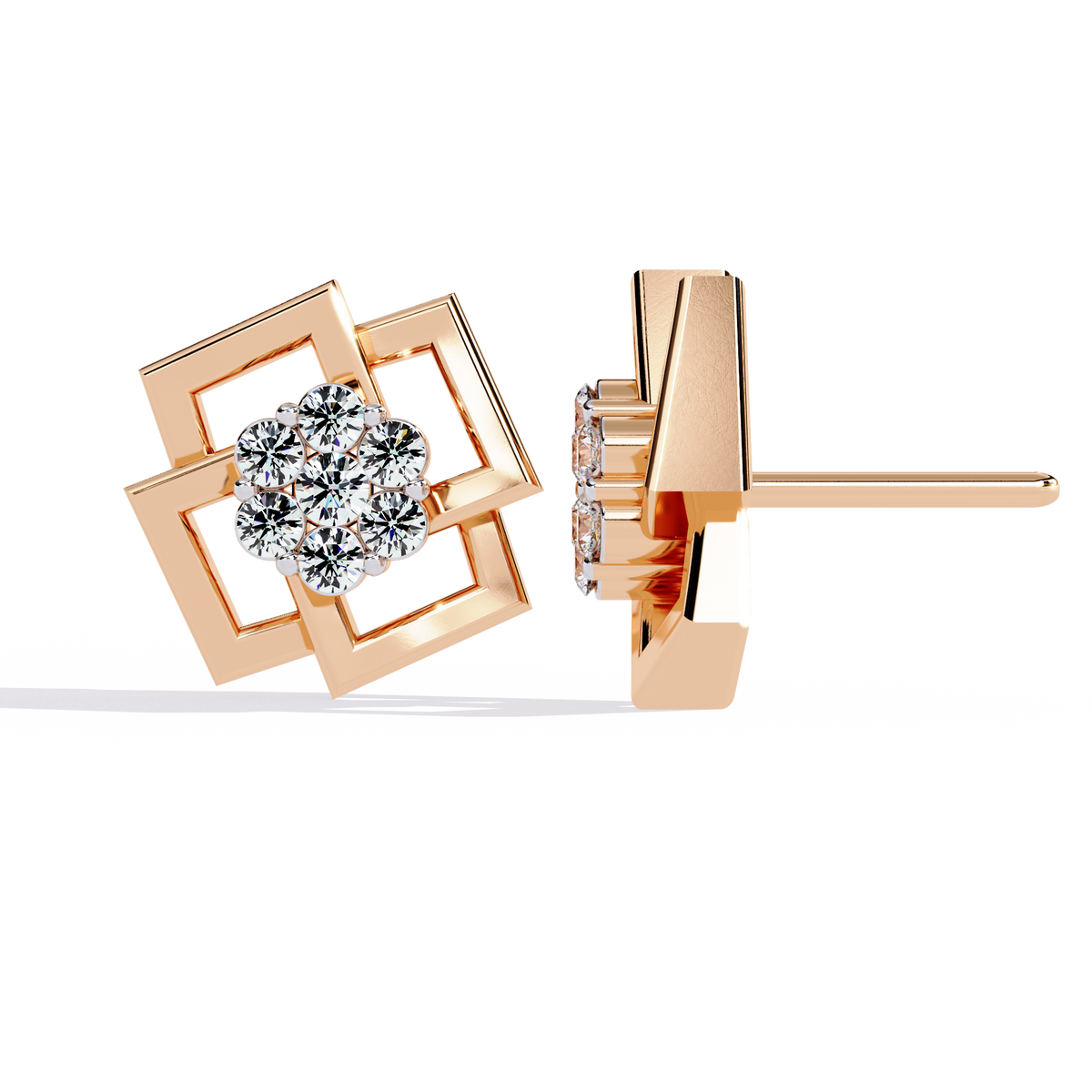 Geometric Square Motif Round Moissanite Diamond Earrings with Brilliant Center Cluster Design - View 5