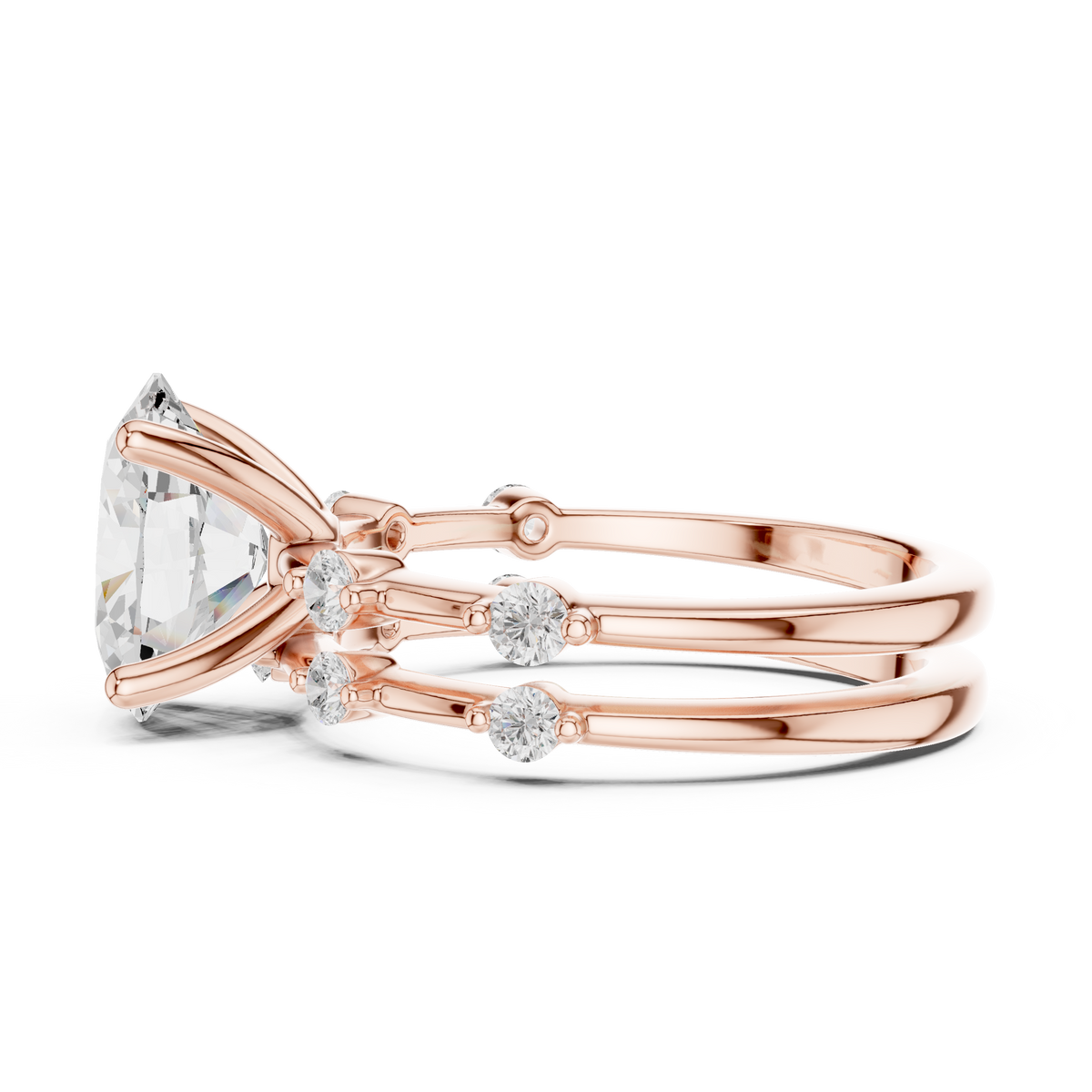 Handcrafted Oval Cut Lab Diamond Split Shank Ring with Diamond Accents - View 8