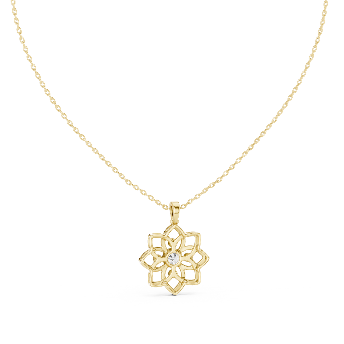 Lotus Motif Flower Pattern Charm Pendant with Round Lab Grown Diamond - View 7