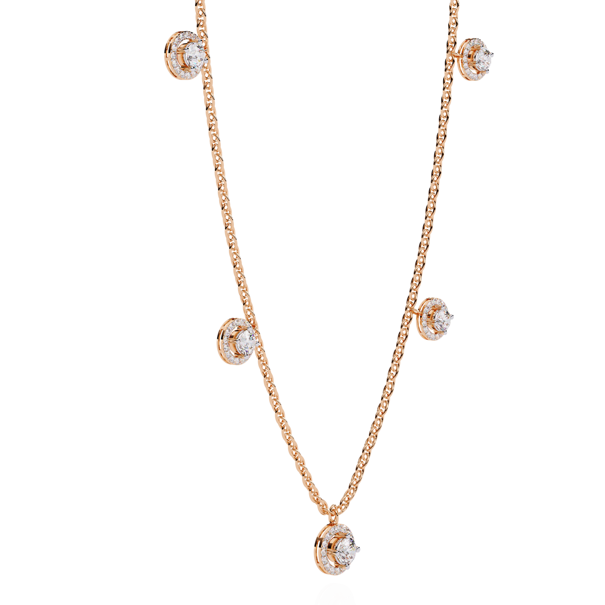 Round Cut Lab Grown Diamond Halo Station Necklace - View 5