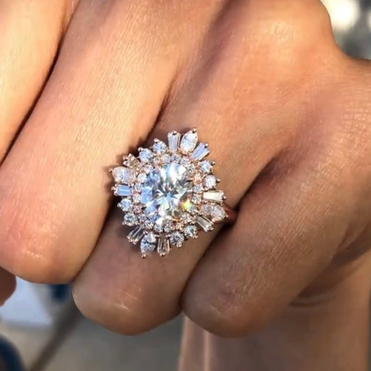 Oval Brilliant Moissanite Diamond Sunburst Cluster Ring - View 2