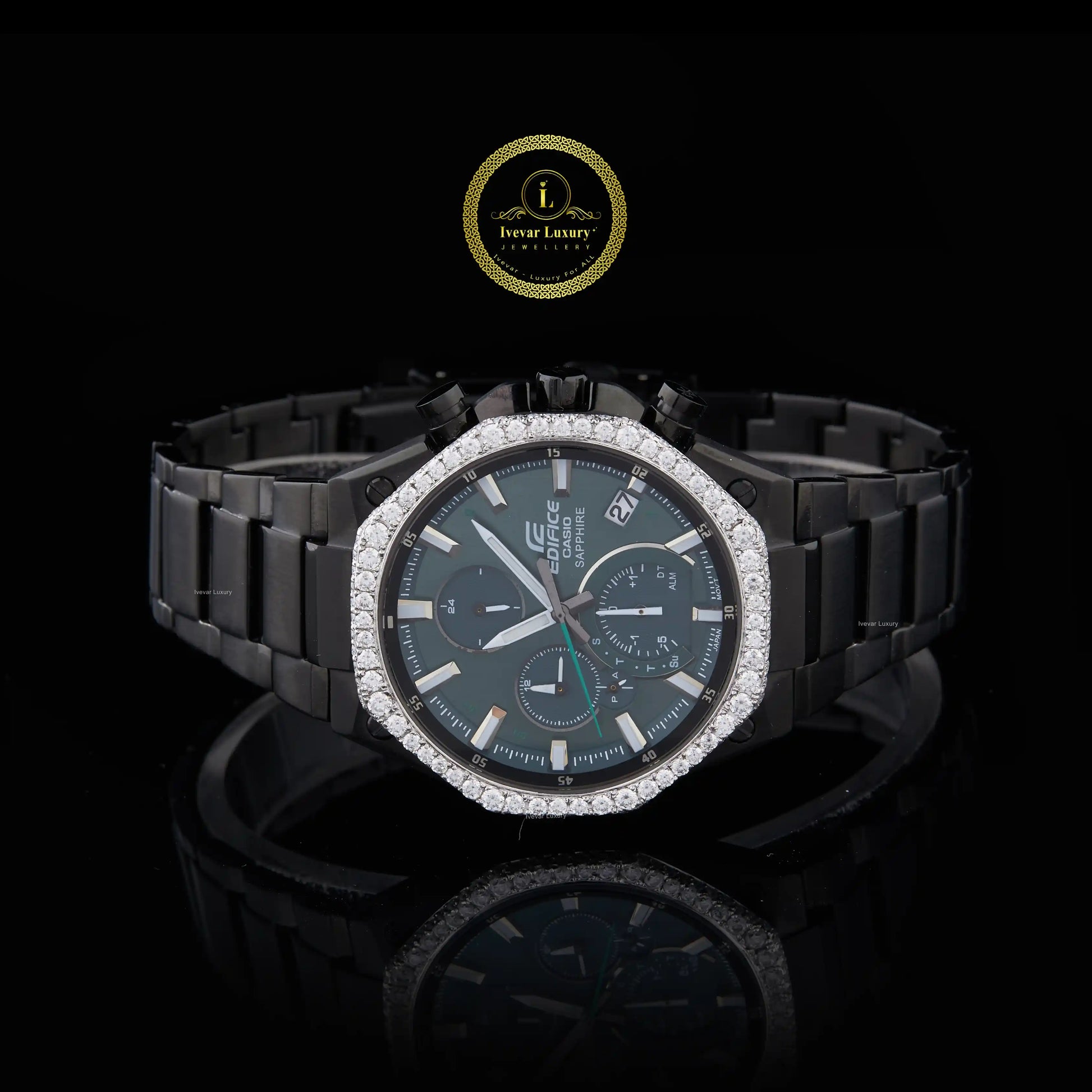 Luxury watch with black strap and diamond-studded face 