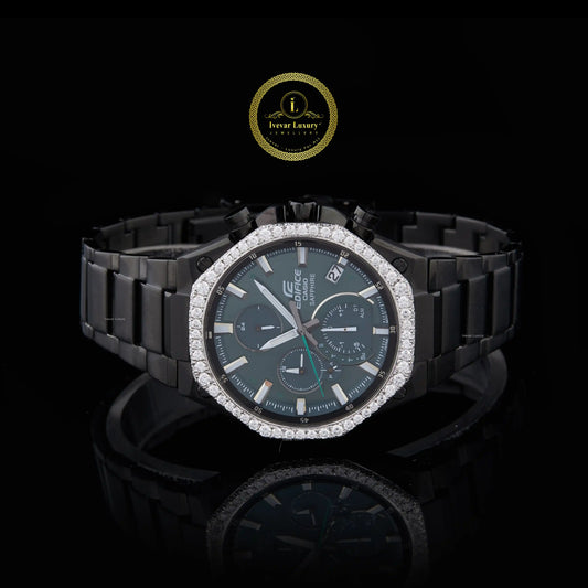 Luxury watch with black strap and diamond-studded face 